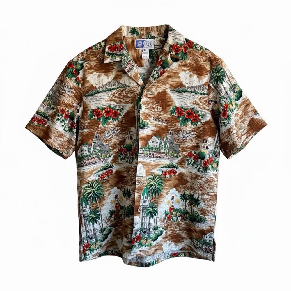 Vintage RJC Hawaiian Scenic Print Cotton Button Shirt Island Beach XL Mens